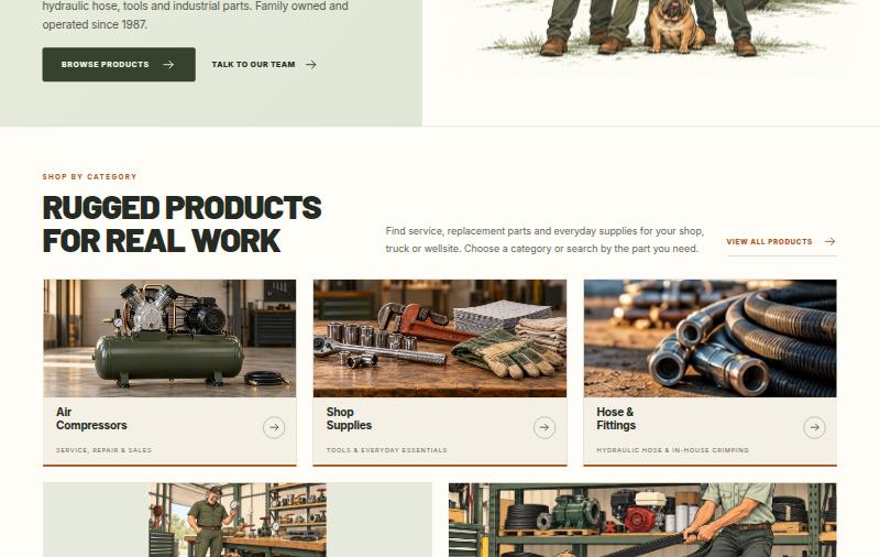 Flatland Supply 'Rugged products for real work' section with category cards for air compressors, shop supplies, and hose and fittings