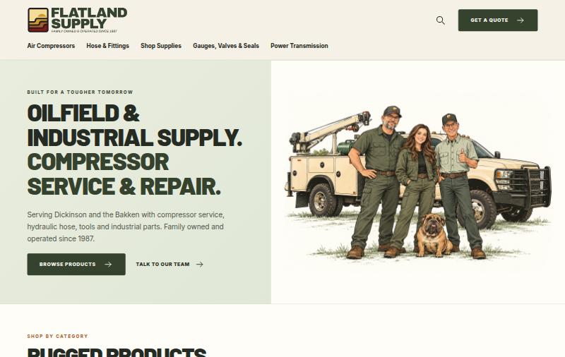Flatland Supply home page: headline 'Oilfield and industrial supply. Compressor service and repair.' beside an illustration of the team and their service truck