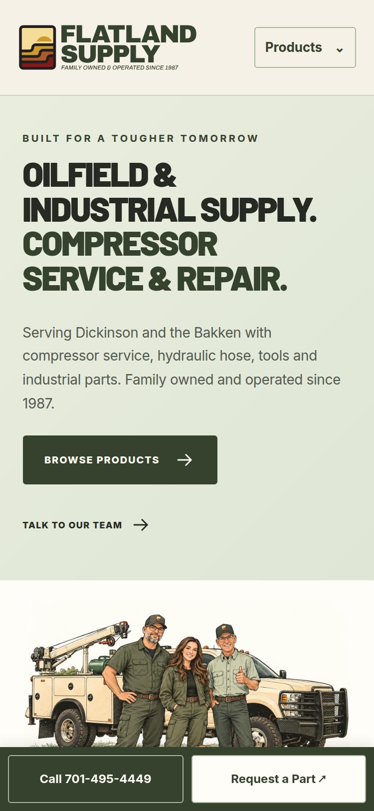 Flatland Supply on a phone, with a sticky bar at the bottom: Call and Request a Part