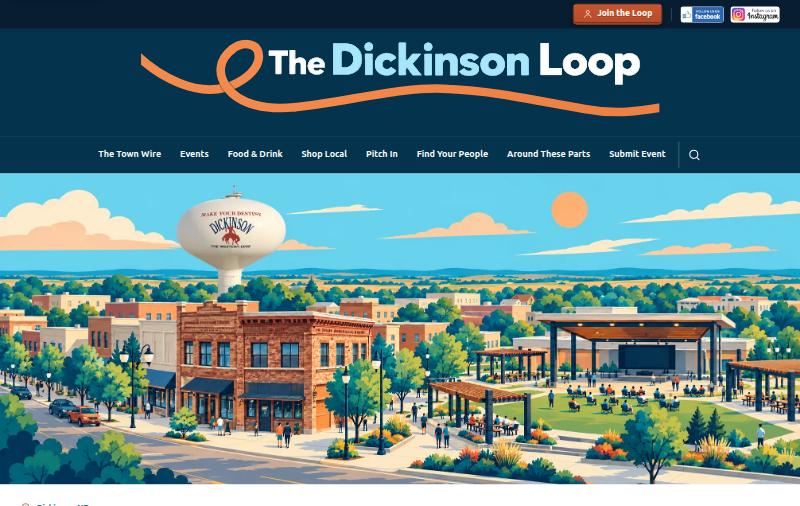 The Dickinson Loop home page: wordmark with an orange loop, above an illustrated panorama of Dickinson with the water tower, downtown, and an amphitheater