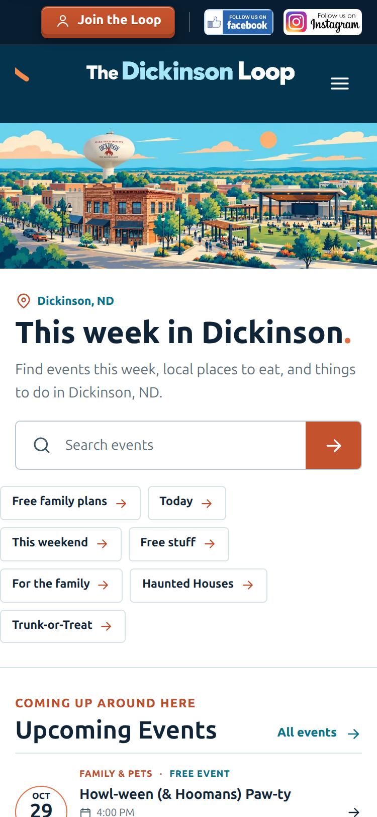 The Dickinson Loop on a phone, with search and quick filters right under the headline