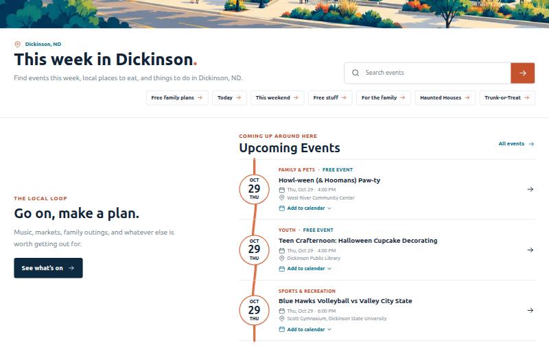 The Dickinson Loop 'This week in Dickinson' section with event search, quick filters, and an upcoming events timeline